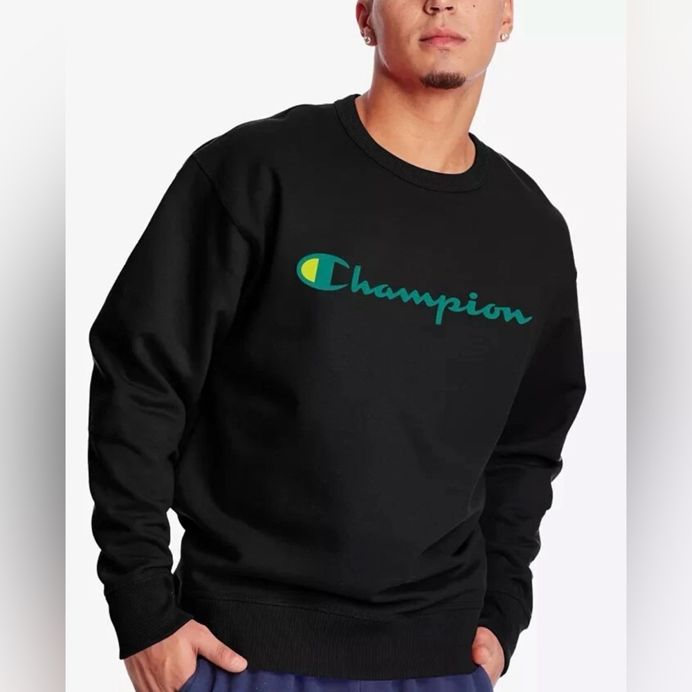 Champion Black Logo Crewneck Sweatshirt Size Large Classic Athletic Streetwear - Picture 2 of 4